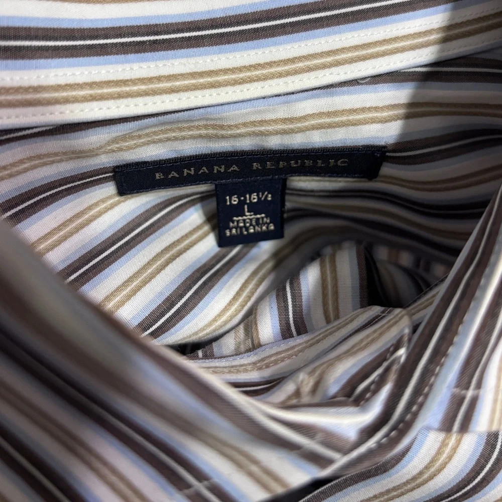 BANANA REPUBLIC Tan & Blue Striped Oxford Cotton Button Front Dress Shirt